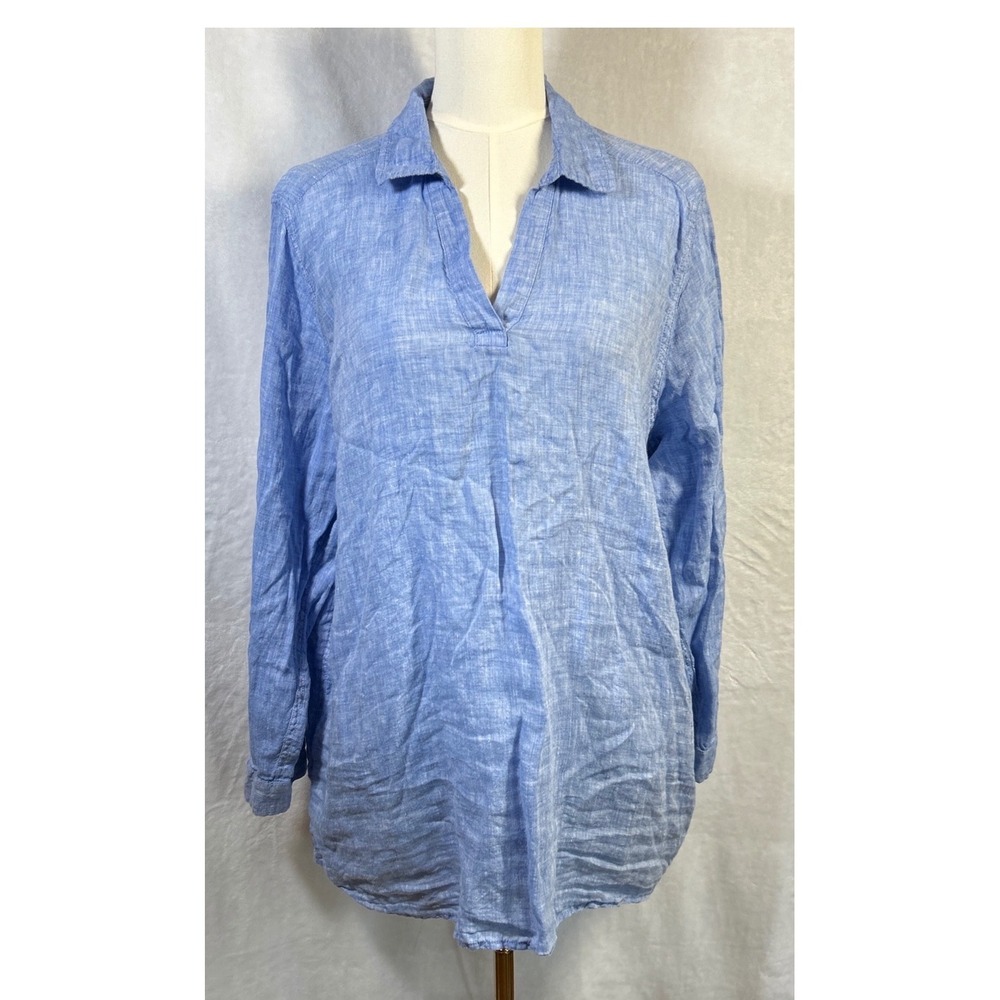 Jones &Co NY 100% Linen Hi-Lo Tunic Top Womens 1X Blue Boho Lagenlook Minimalist
